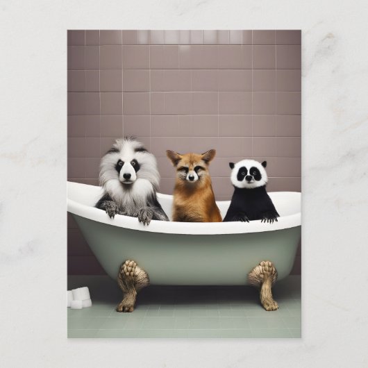 Grappige dieren zitten in bad in badkamer briefkaart (Voorkant)