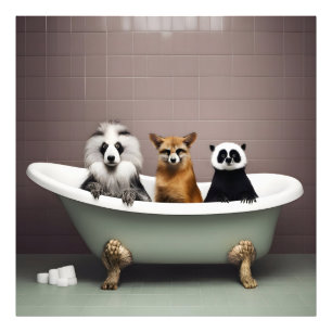 Grappige dieren zitten in bad in badkamer foto afdruk