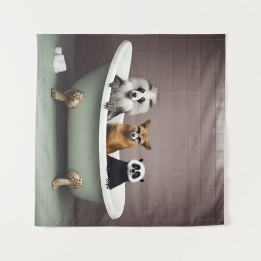 Grappige dieren zitten in bad in badkamer wandkleed (Voorkant (horizontaal))