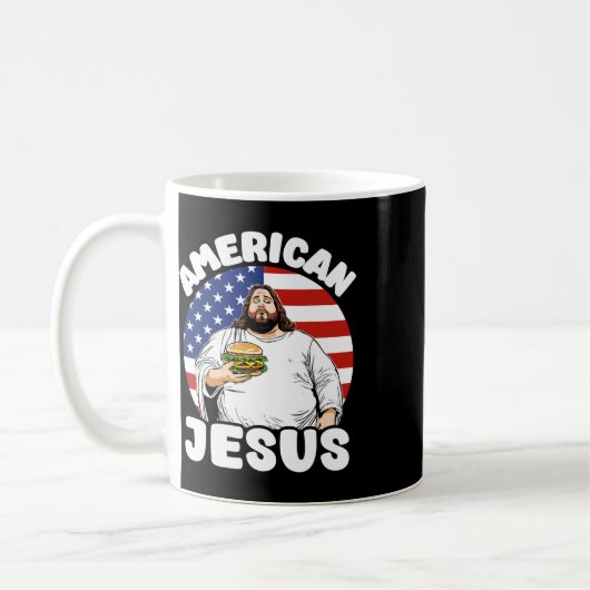 Grappige dikke Amerikaanse Jesus Hamburger Sarcast Koffiemok (Links)