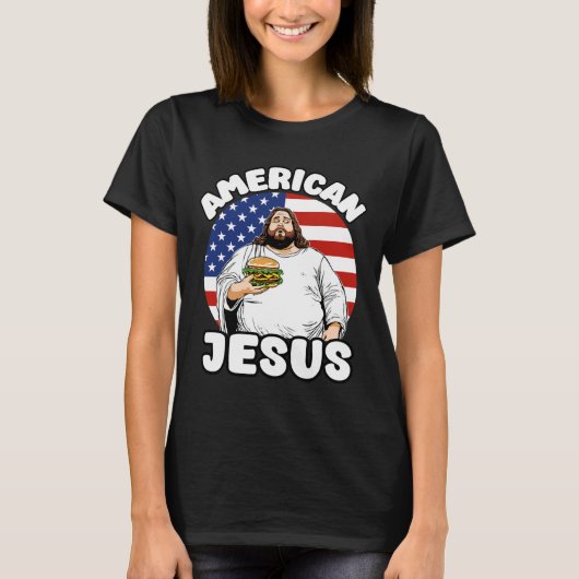 Grappige dikke Amerikaanse Jesus Hamburger Sarcast T-shirt (Voorkant)