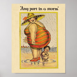 Grappige dikke dame op het strand poster