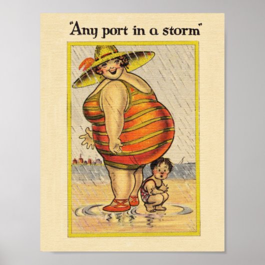Grappige dikke dame op het strand poster (Voorkant)