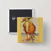 Grappige dikke dame op het strand vierkante button 5,1 cm (Voorkant /achterkant)