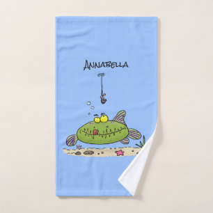 Grappige dikke hongerige groene vis vissen cartoon bad handdoek