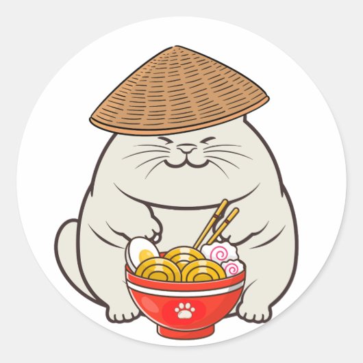 Grappige dikke kat eet noedels ronde sticker (Voorkant)