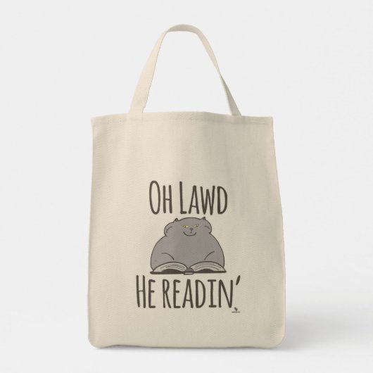 Grappige dikke kat hij het lezen van Cartoon sloga Tote Bag (Achterkant)