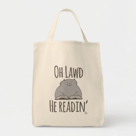 Grappige dikke kat hij het lezen van Cartoon sloga Tote Bag