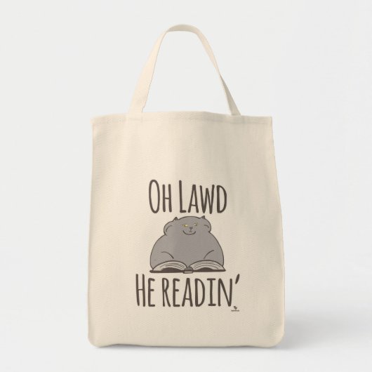 Grappige dikke kat hij het lezen van Cartoon sloga Tote Bag (Voorkant)