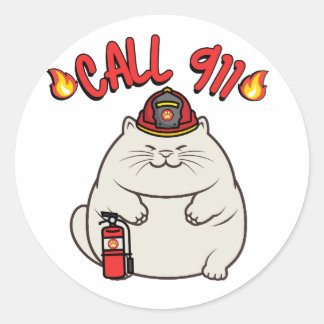 Grappige dikke kat is een brandweerman ronde sticker