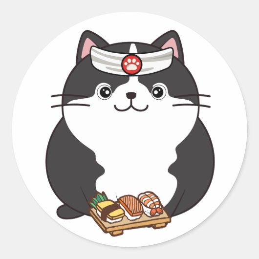 Grappige dikke kat is een sushi chef ronde sticker (Voorkant)