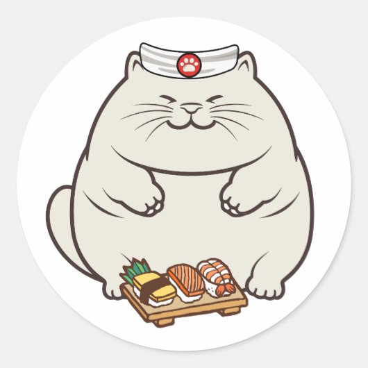 Grappige dikke kat is een sushi chef ronde sticker (Voorkant)
