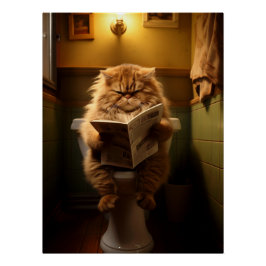 Grappige dikke kat lezen krant op het toilet perfect poster