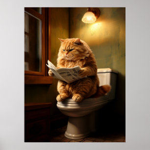 Grappige dikke kat lezen krant op het toilet poster