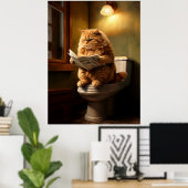 Grappige dikke kat lezen krant op het toilet poster (Thuiskantoor)