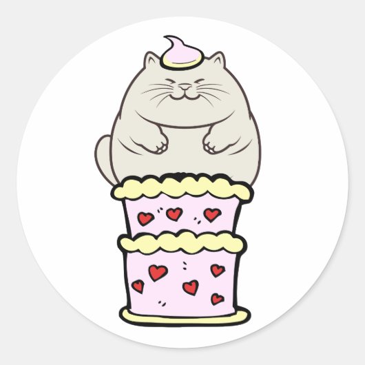 Grappige dikke kat springen uit een taart ronde sticker (Voorkant)