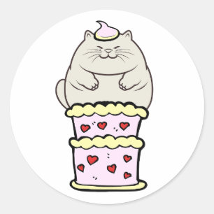 Grappige dikke kat springen uit een taart ronde sticker