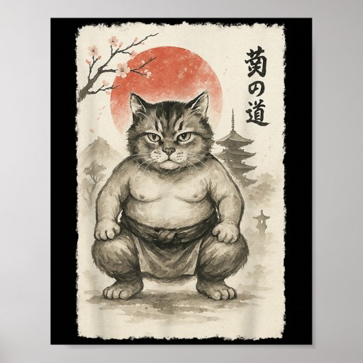 Grappige dikke kat sumoworstelaar sumi-e japanse k poster (Voorkant)