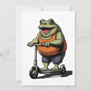 Grappige dikke kikker rijdt op scooter cartoon kaart