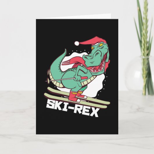 Grappige Dino Ski Rex Skiën Kerstcadeau Kaart (Voorkant)