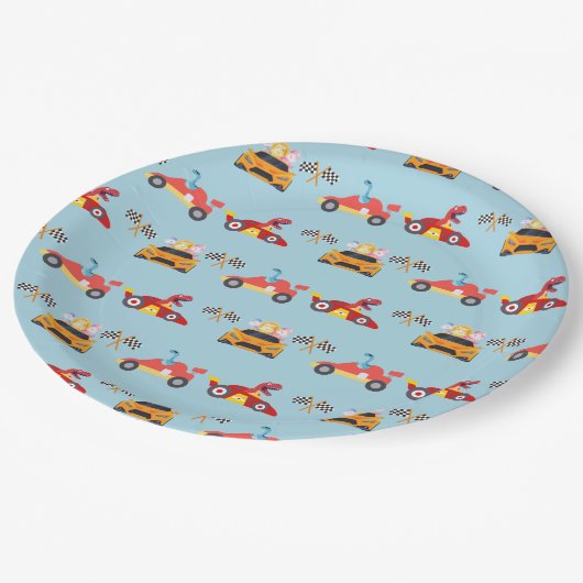 Grappige Dinosaur raceauto jongen kinderen Verjaar Papieren Bordje (Gekanteld)