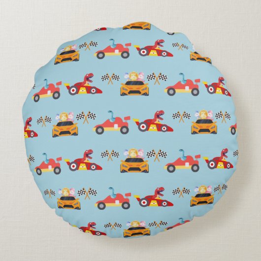 Grappige Dinosaur raceauto jongen kinderen Verjaar Rond Kussen (Achterkant)