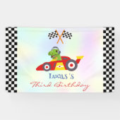 Grappige Dinosaur raceauto jongen kinderen Verjaar Spandoek (Horizontaal)