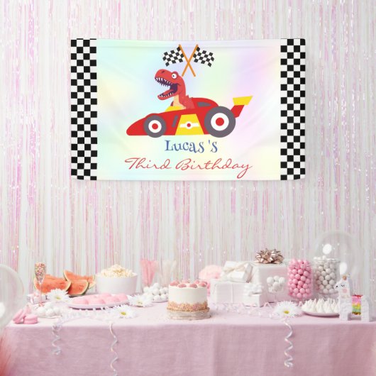 Grappige Dinosaur raceauto jongen kinderen Verjaar Spandoek (Feest)