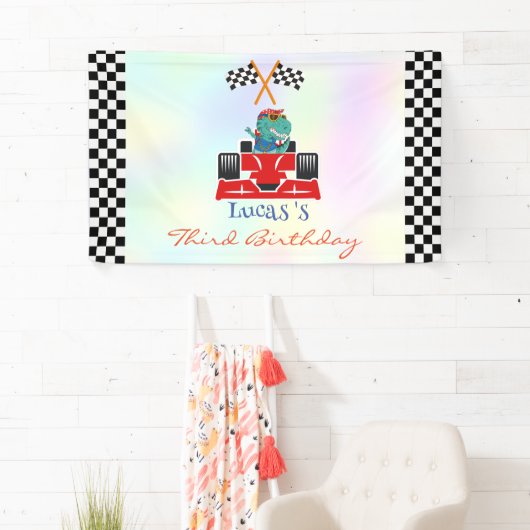 Grappige Dinosaur raceauto jongen kinderen Verjaar Spandoek (Insitu)