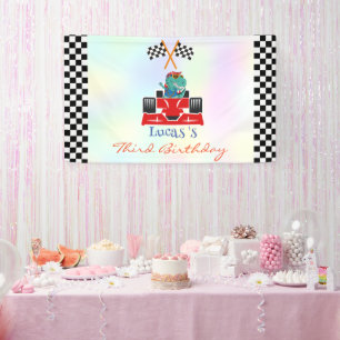 Grappige Dinosaur raceauto jongen kinderen Verjaar Spandoek