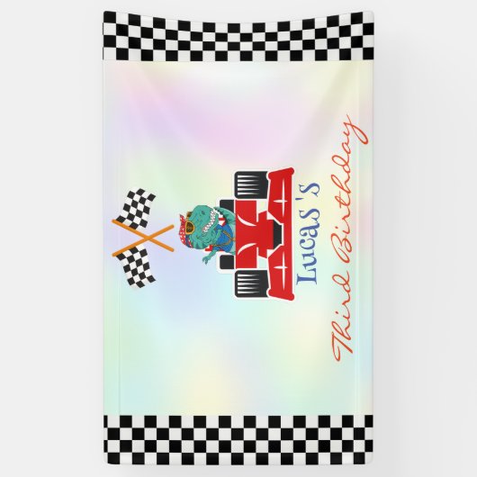 Grappige Dinosaur raceauto jongen kinderen Verjaar Spandoek (Verticaal)