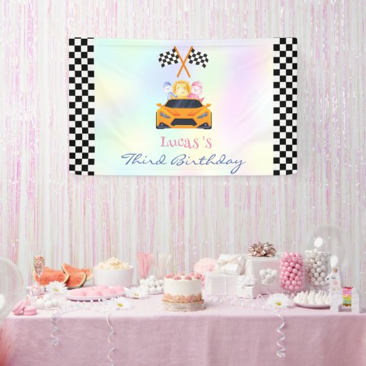 Grappige Dinosaur raceauto jongen kinderen Verjaar Spandoek (Feest)