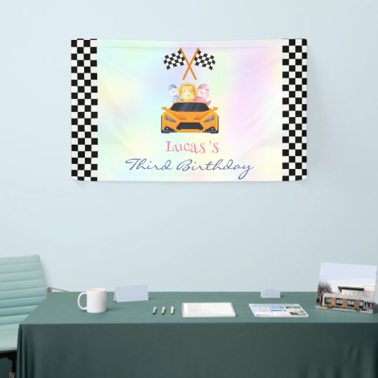 Grappige Dinosaur raceauto jongen kinderen Verjaar Spandoek (Beurs)