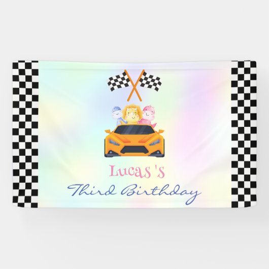 Grappige Dinosaur raceauto jongen kinderen Verjaar Spandoek (Horizontaal)