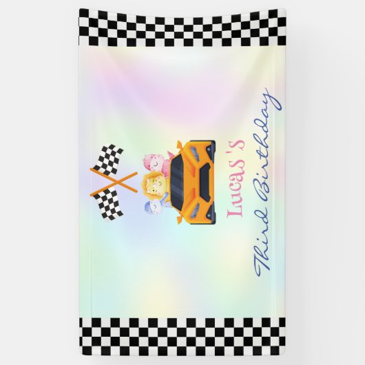 Grappige Dinosaur raceauto jongen kinderen Verjaar Spandoek (Verticaal)