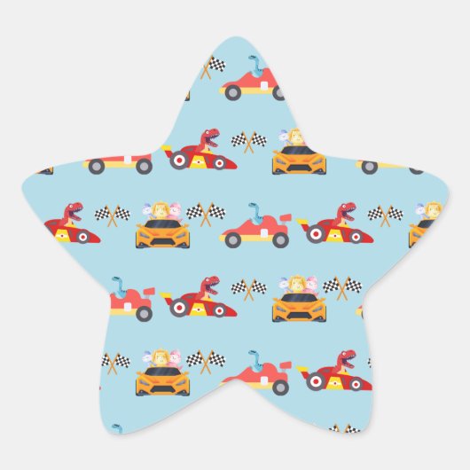 Grappige Dinosaur raceauto jongen kinderen Verjaar Ster Sticker (Voorkant)