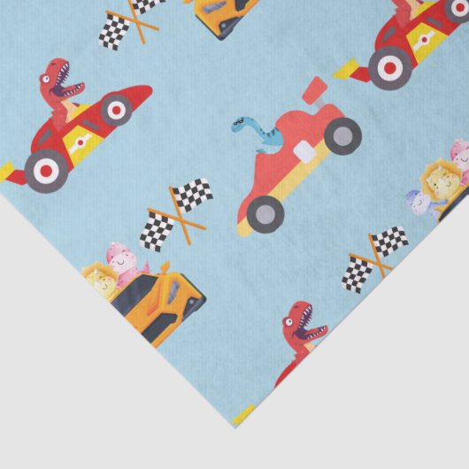 Grappige Dinosaur raceauto jongen kinderen Verjaar Tissuepapier (Detail)