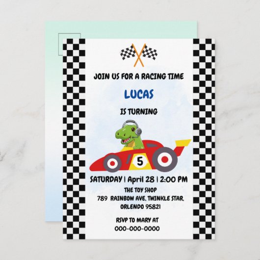 Grappige Dinosaur raceauto jongen spel Verjaardags Uitnodiging Briefkaart (Voorkant / Achterkant)