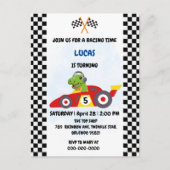 Grappige Dinosaur raceauto jongen spel Verjaardags Uitnodiging Briefkaart (Voorkant)