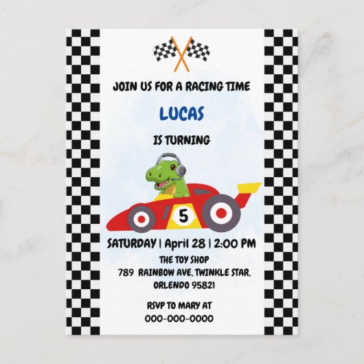 Grappige Dinosaur raceauto jongen spel Verjaardags Uitnodiging Briefkaart (Voorkant)