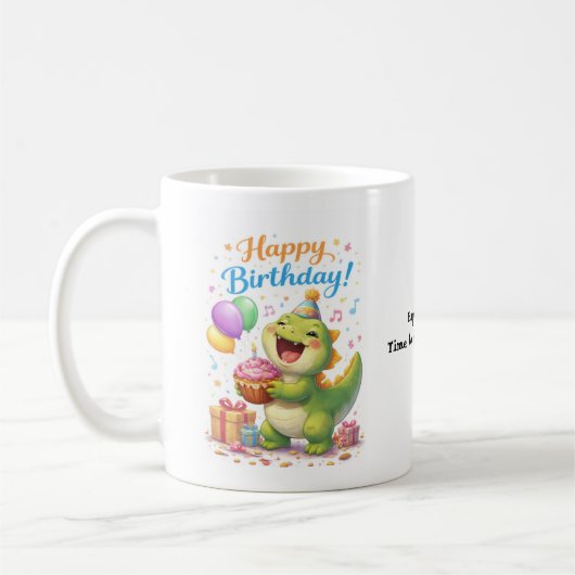 Grappige Dinosaur Verjaardag Mok – “Tijd om te Fee (Links)