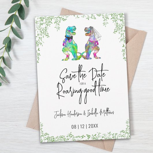 Grappige Dinosauriër Bruid en Bruidegom Huwelijk Save The Date
