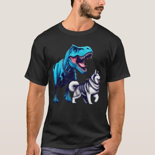 Grappige dinosaurus Alaskan Malamute Walking Honde T-shirt (Voorkant)