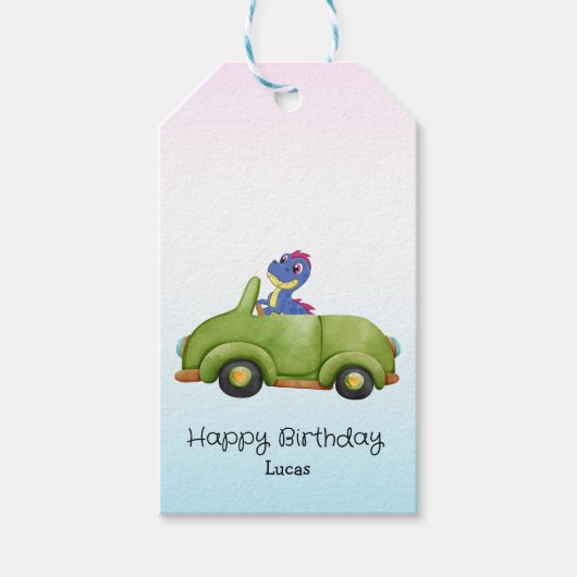 Grappige dinosaurus antiek auto B2S kinderen Verja Cadeaulabel (Voorkant)