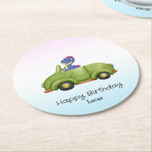 Grappige dinosaurus antiek auto B2S kinderen Verja Ronde Kartonnen Onderzetter