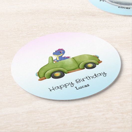Grappige dinosaurus antiek auto B2S kinderen Verja Ronde Kartonnen Onderzetter (Gebogen)