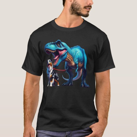 Grappige dinosaurus Australische herder wandelhond T-shirt (Voorkant)