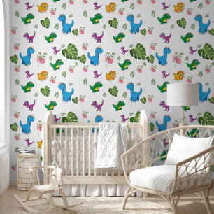 Grappige dinosaurus bladeren patroon behang