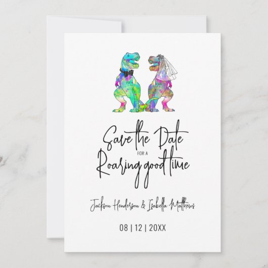 Grappige dinosaurus bruid en bruidegom bruiloft save the date (Voorkant)