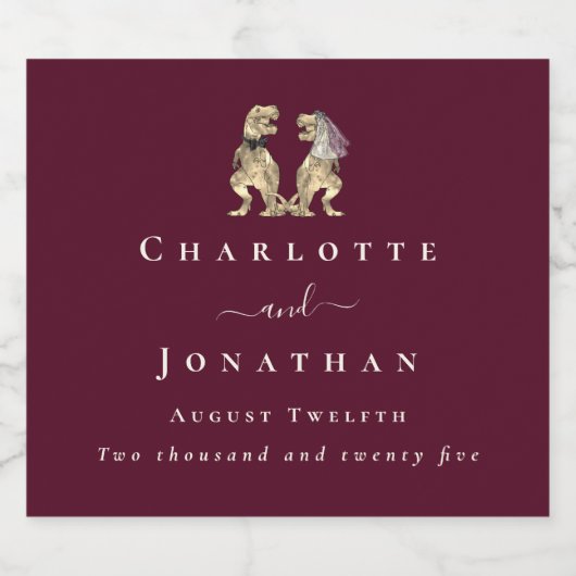 Grappige dinosaurus bruiloft Bourgondië & Cream Cu Sparkling Wijnetiket (Enkel label)